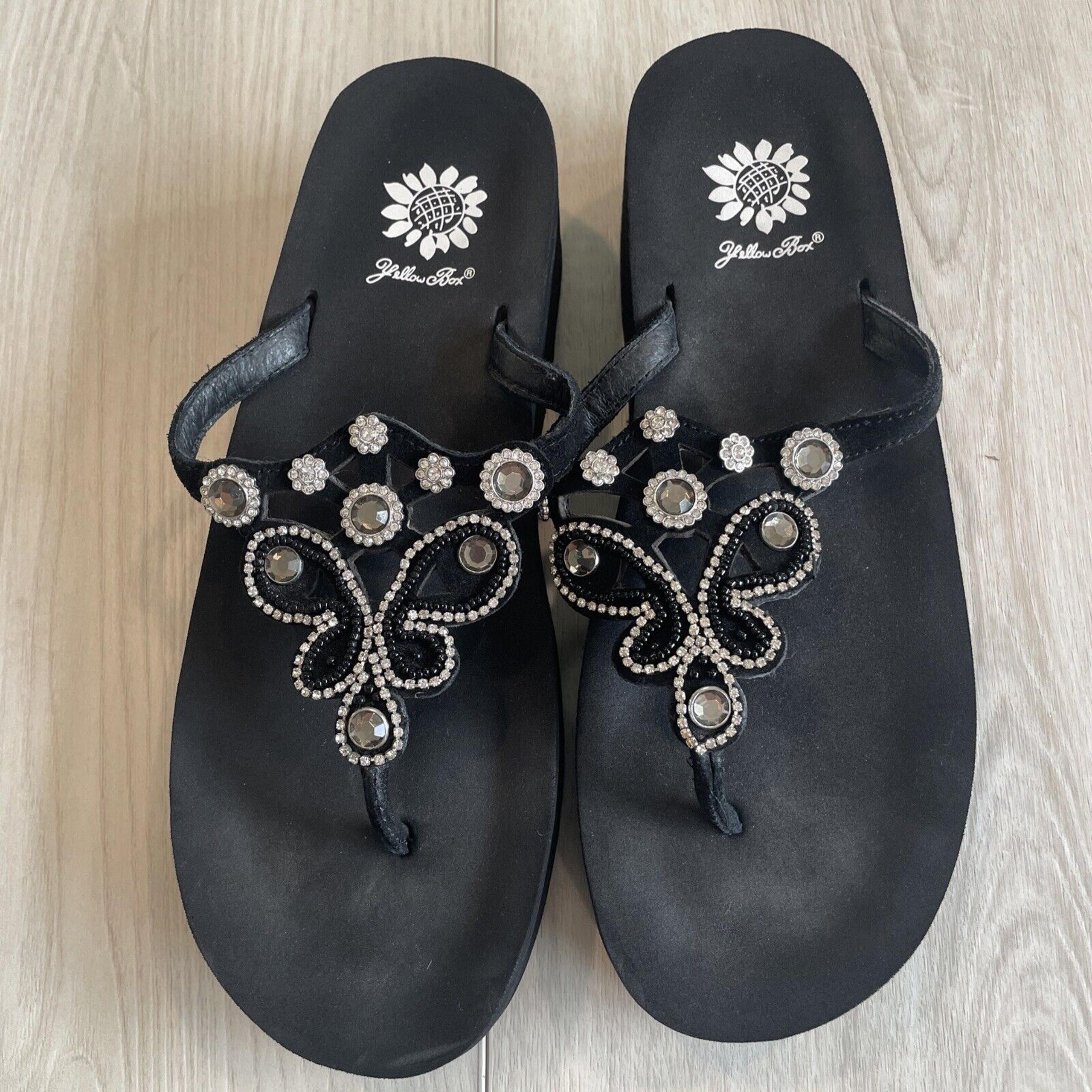 Yellow box Flip Flops Butterfly Black Y2k Sandals Shoes Rhinestone Beaded 9/10