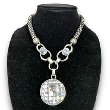 Y2K Vintage Silver Toned Statement Unbranded Chunky Necklace With Two Disco Styl