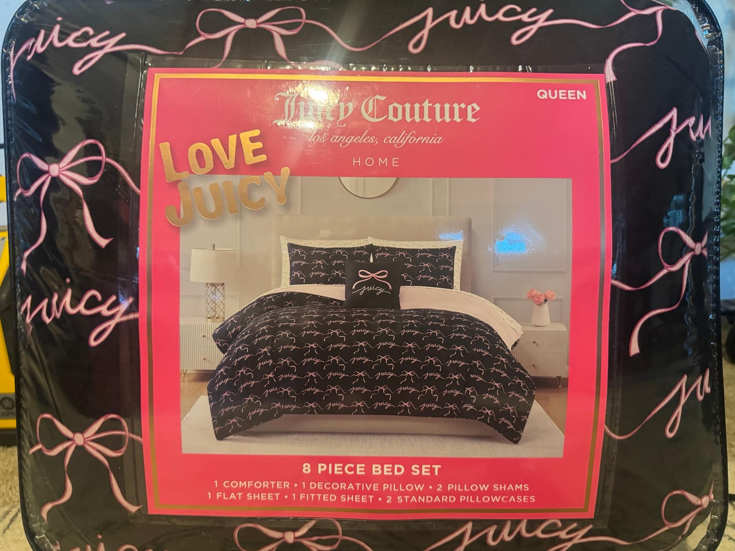 NEW Juicy Couture Black Pink Bows Queen Comforter Bed Set 8 Piece