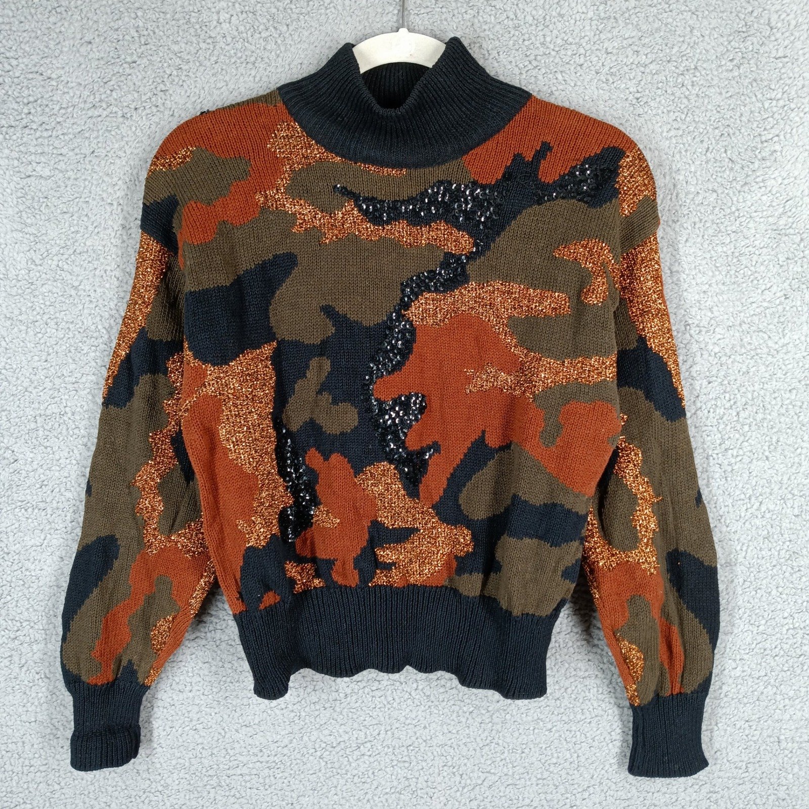 L.B. Diffusion Vintage Camo Sweater Metallic Embellished Mock Neck Pullover