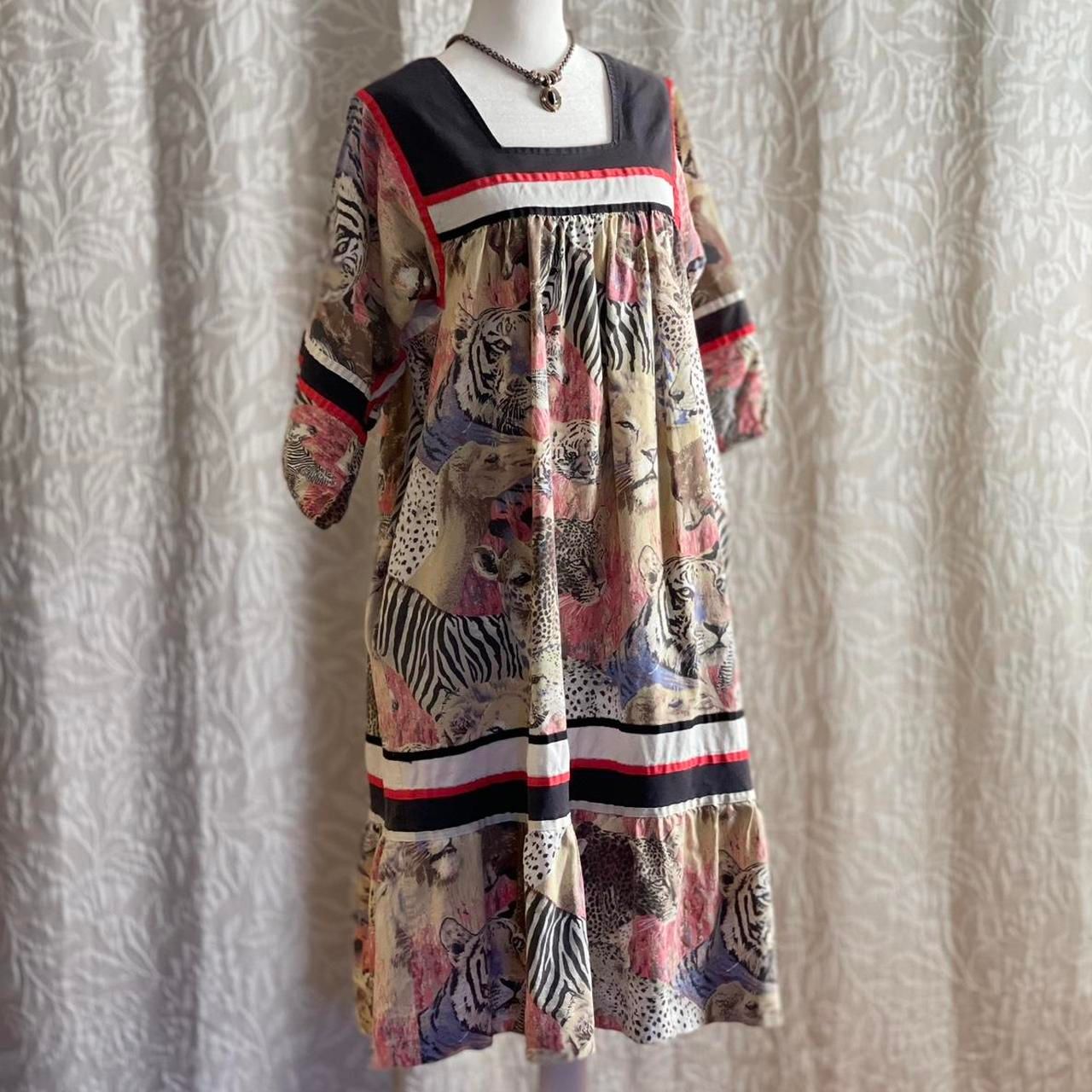 Vintage 70s Krist Gudnason Jungle Animal Kaftan Dress Lion Zebra Tiger Bear Sz S