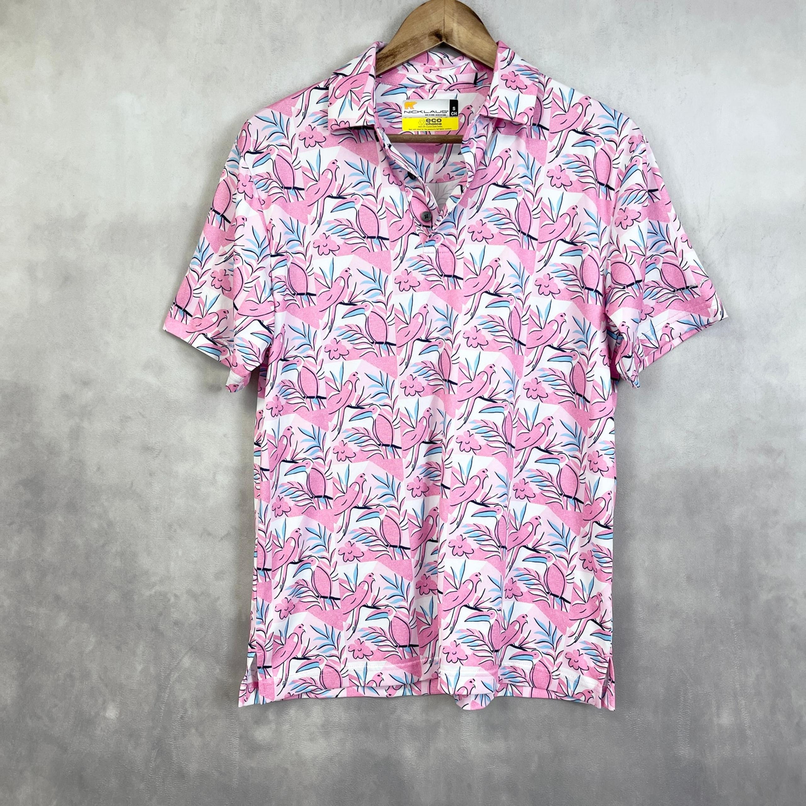 Nicklaus Mens Polo Shirt Small Pink Toucan Bird Golf Tropical Travel Resort AOP