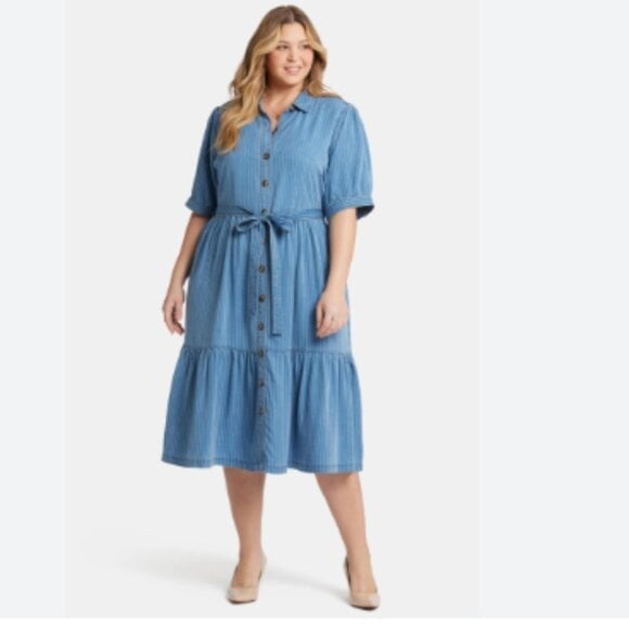 NYDJ Kate Puff Sleeve Ruffle Denim Midi Shirtdress Light Marine