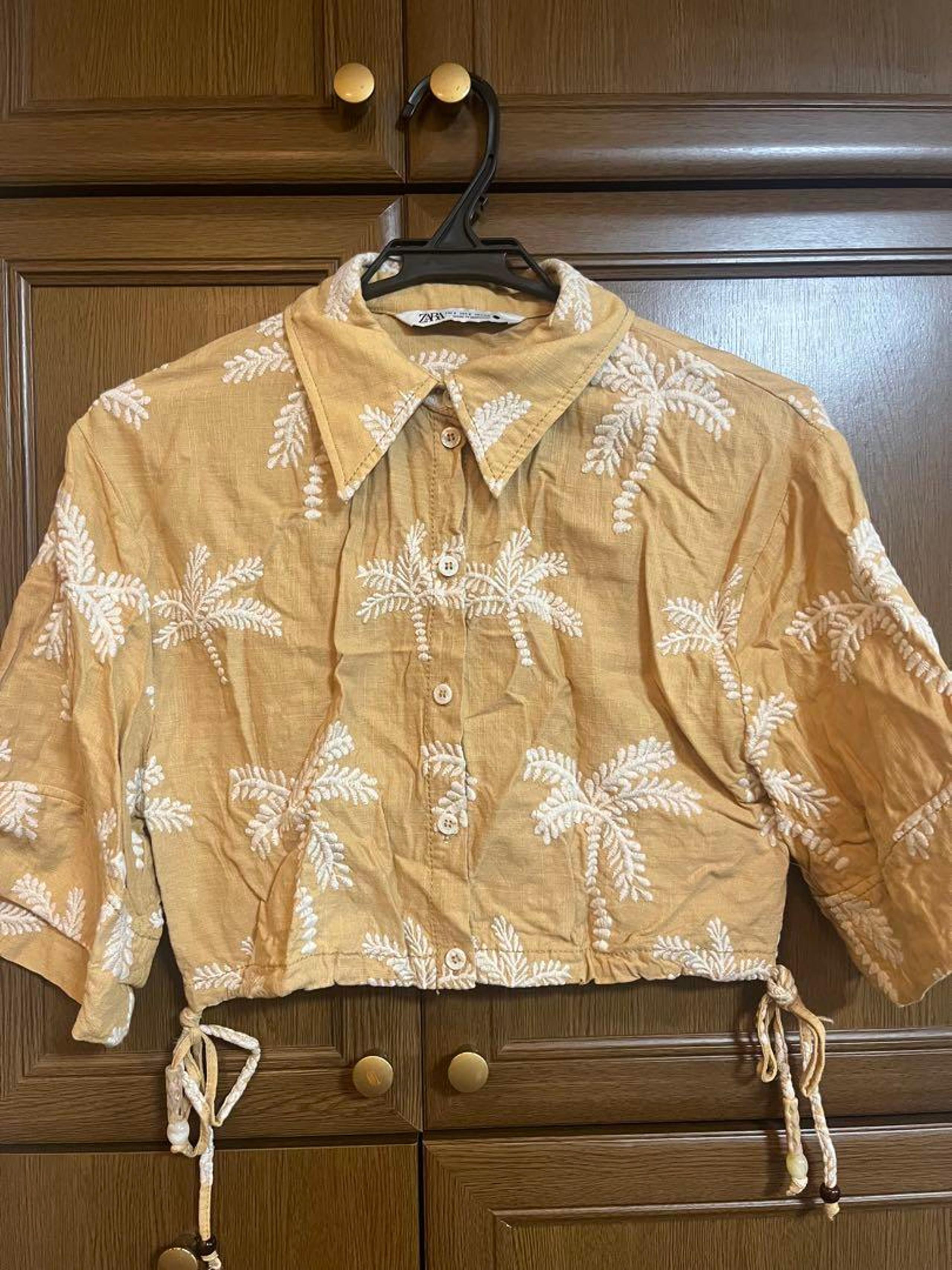 ZARA Yellow Palm Tree Print Cropped Shirt Short Sleeve