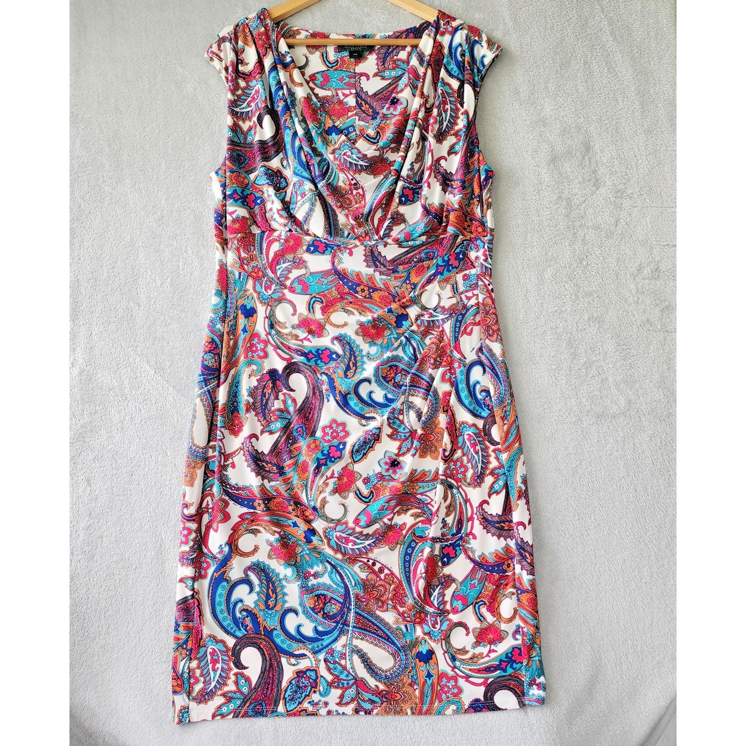Lauren Ralph Lauren Dress Womens 14W Colorful Paisley Stretch Knit Drape Neck