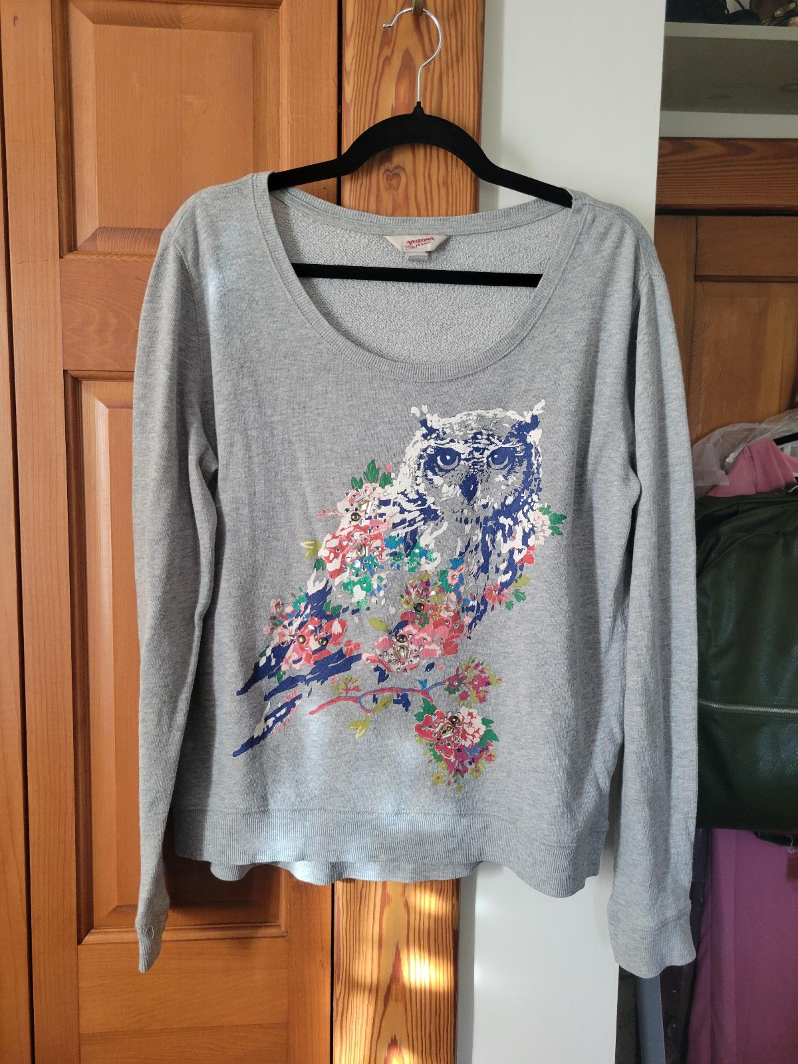 Colorful Floral Embellished Gemstone Watercolor Art Owl Scoop Neck Sweater Top