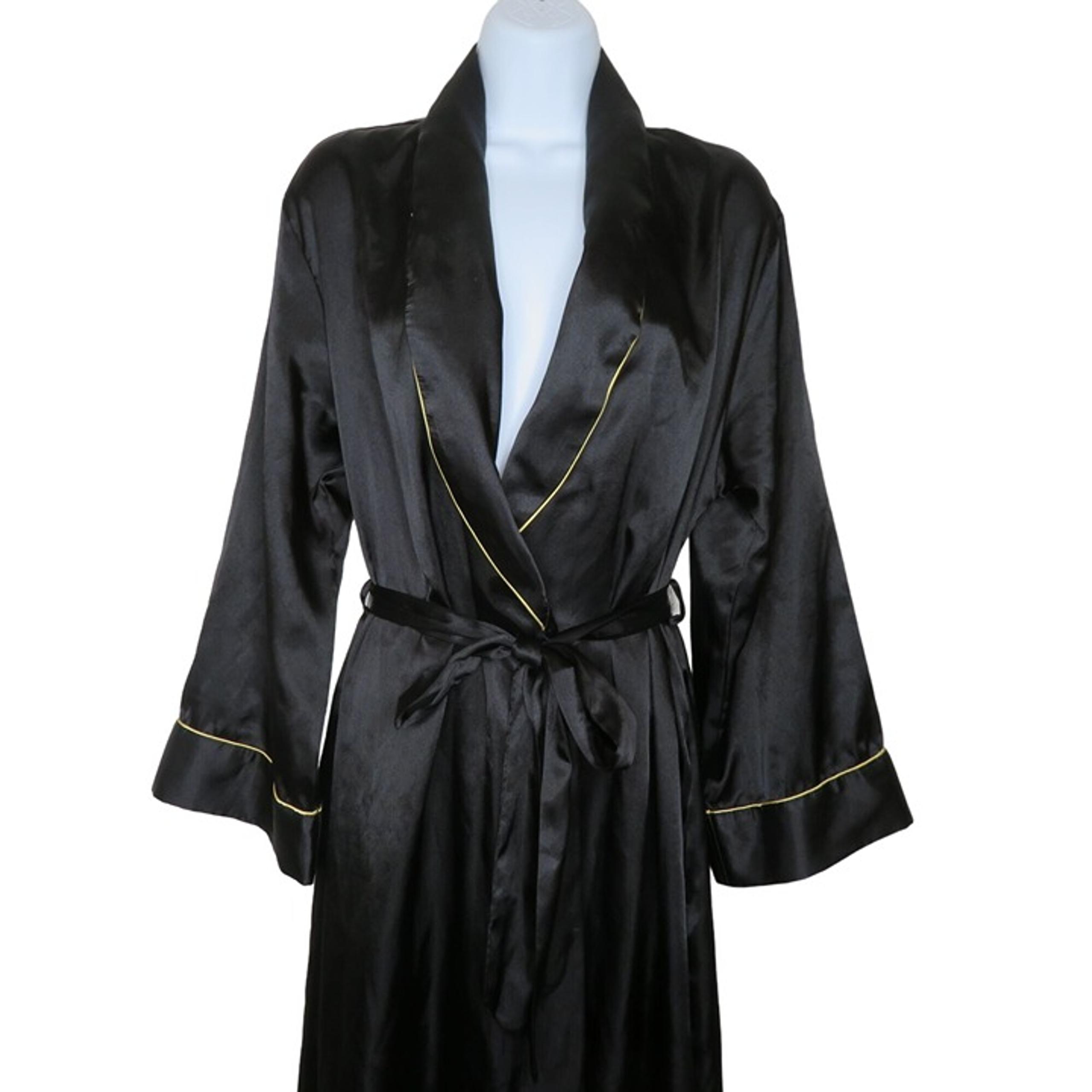 Vintage Jones New York Black Satin Robe Womens S/M Full Length Gold Trim Pockets