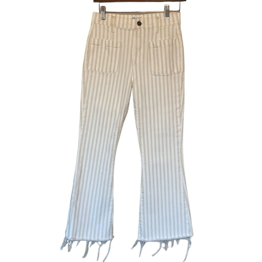 FRAME Le Bardot Striped Kick Flare Raw-Edge Jeans in Courtyard 26