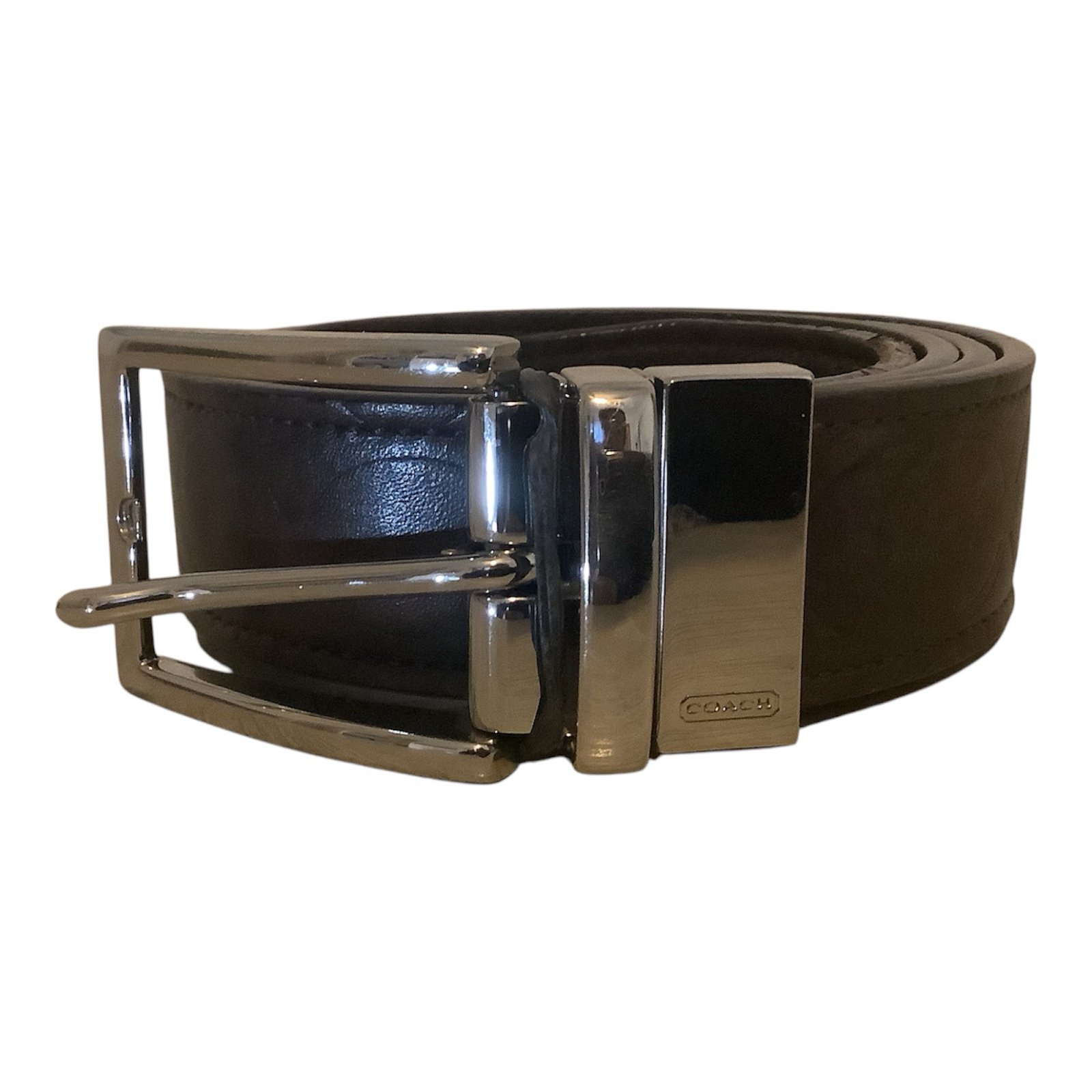 COACH Belt Mens Reversible C Logo Or Plain Brown Leather Stainless Steel Buckle
