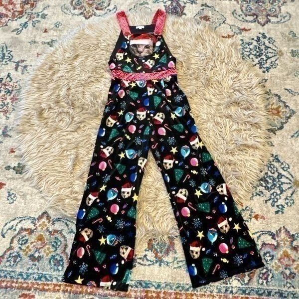 Cat funky ugly Christmas sweater overalls XS