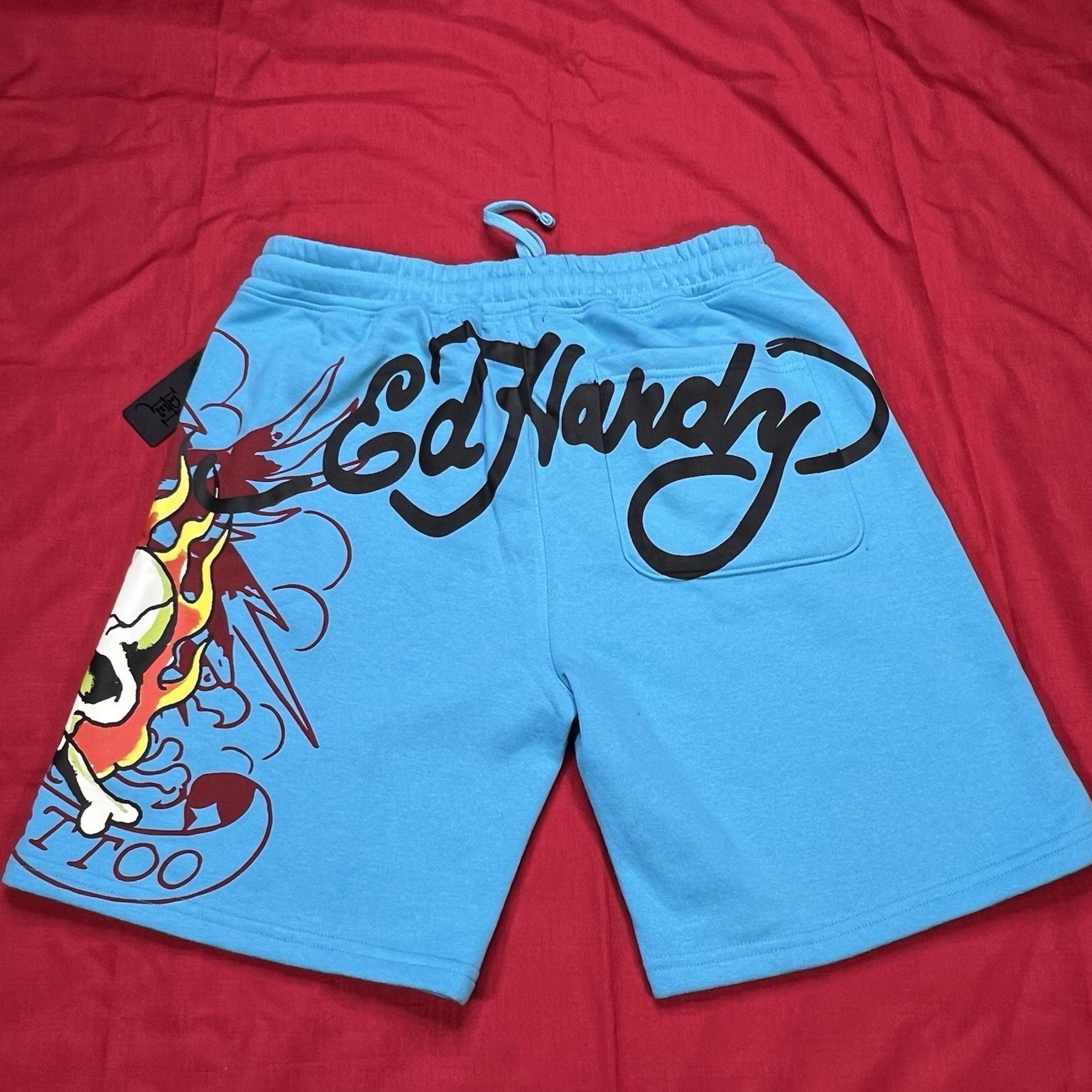 Ed Hardy Mens Fleece Sweat Shorts Skull Tattoo Size Small Blue Streetwear