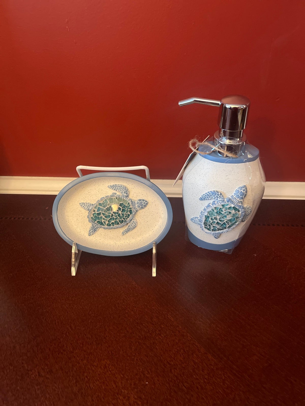 High Tide Blue Sea Turtle Soap Dispenser Plus Soap Dish Stained Glass