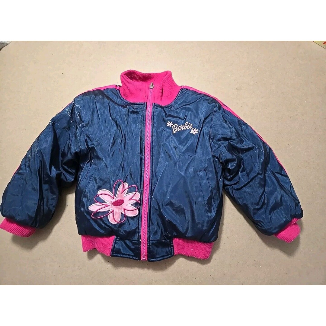 Vintage Girls Size 6 Reversible Barbie Bomber Fleece Jacket Coat READ Y2K
