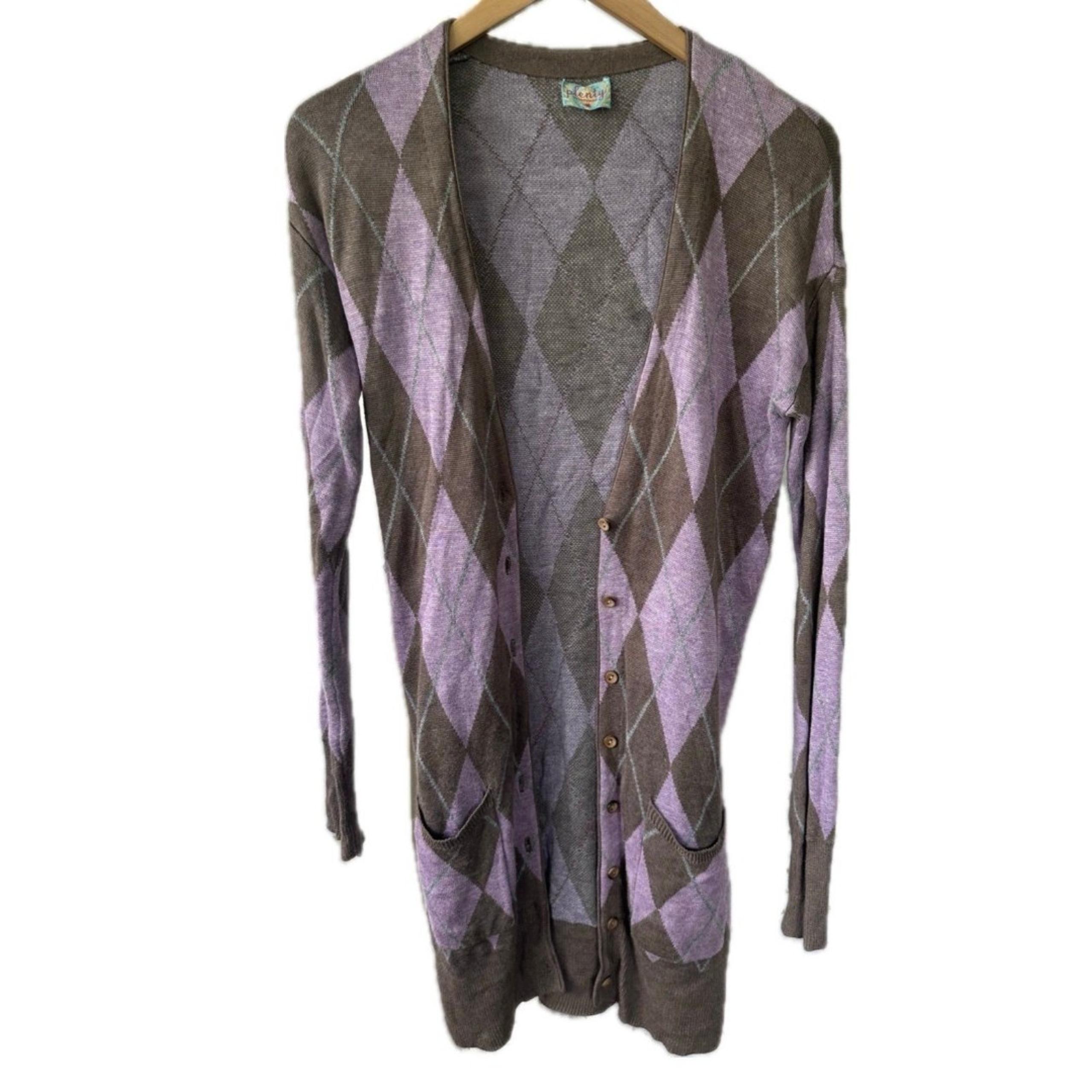 Plenty By Tracy Reese Brown Lavender Argyle Button Down Duster Long Cardigan S