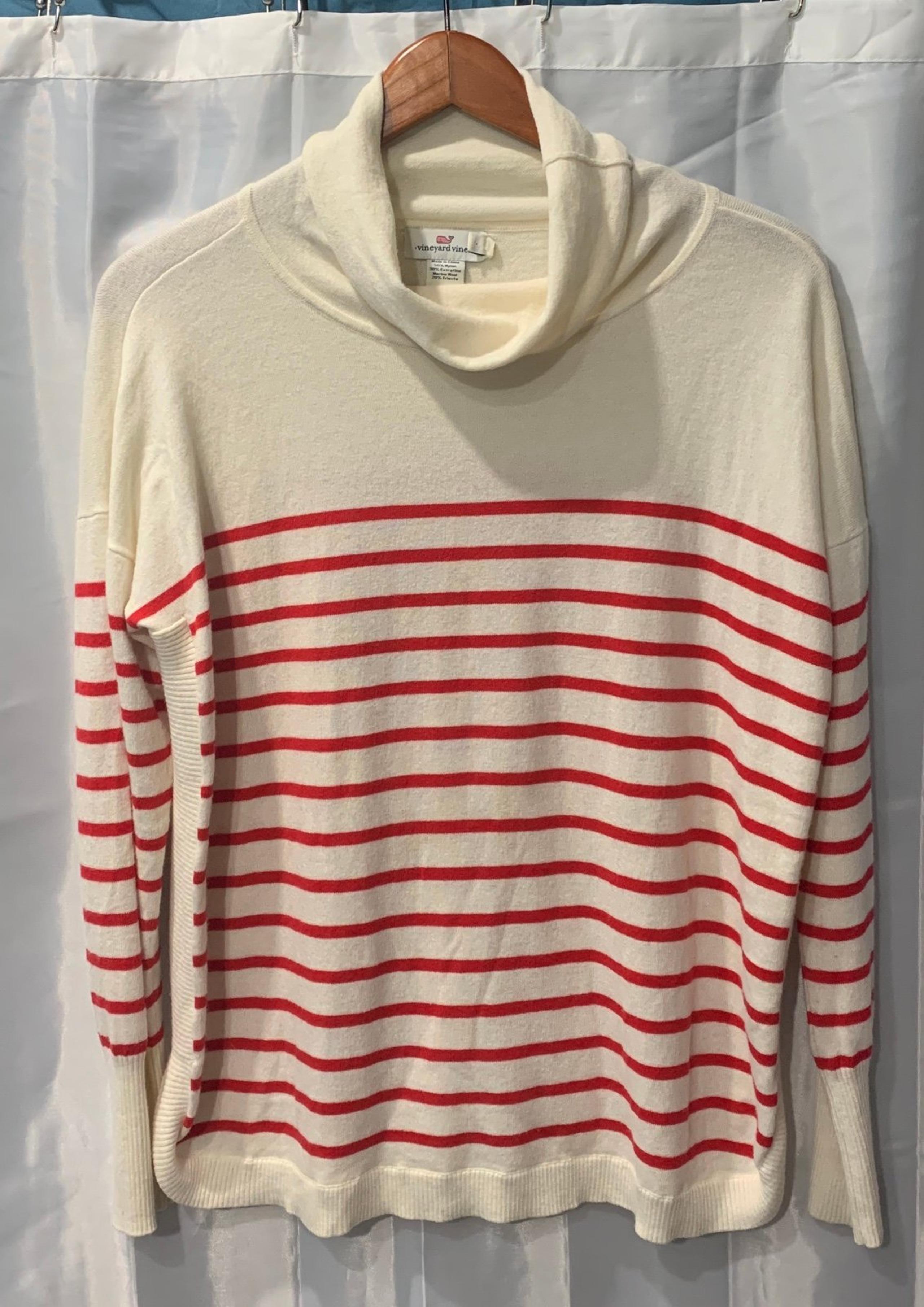 Vineyard Vines Women's M Merino Wool Blend Mock Neck Red Stripes Sweater Top