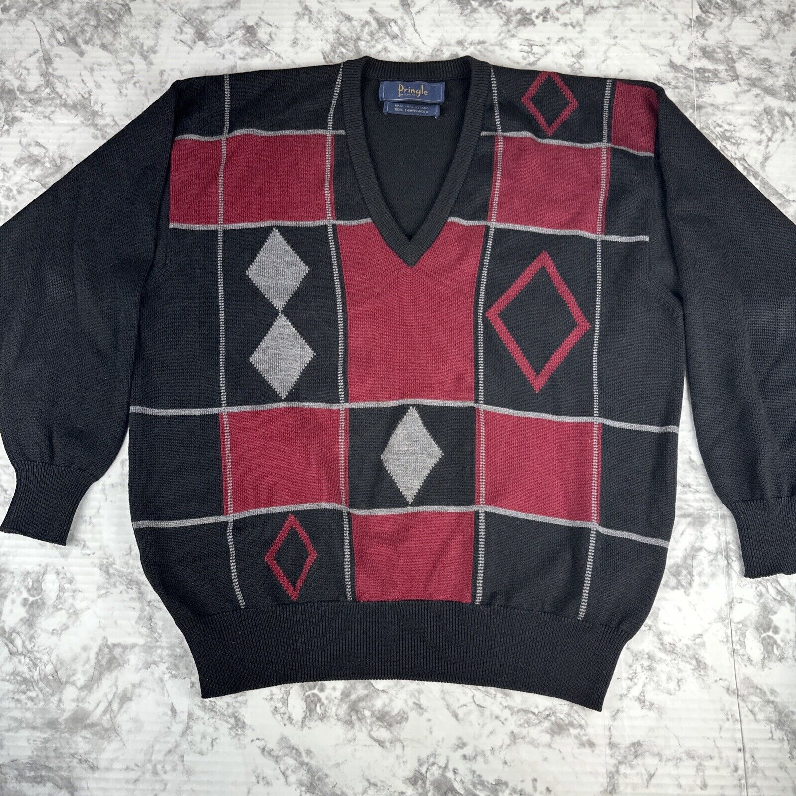 Pringle of Scotland Mens V-Neck Sweater Size L Black Red Grey Lambswool Argyle
