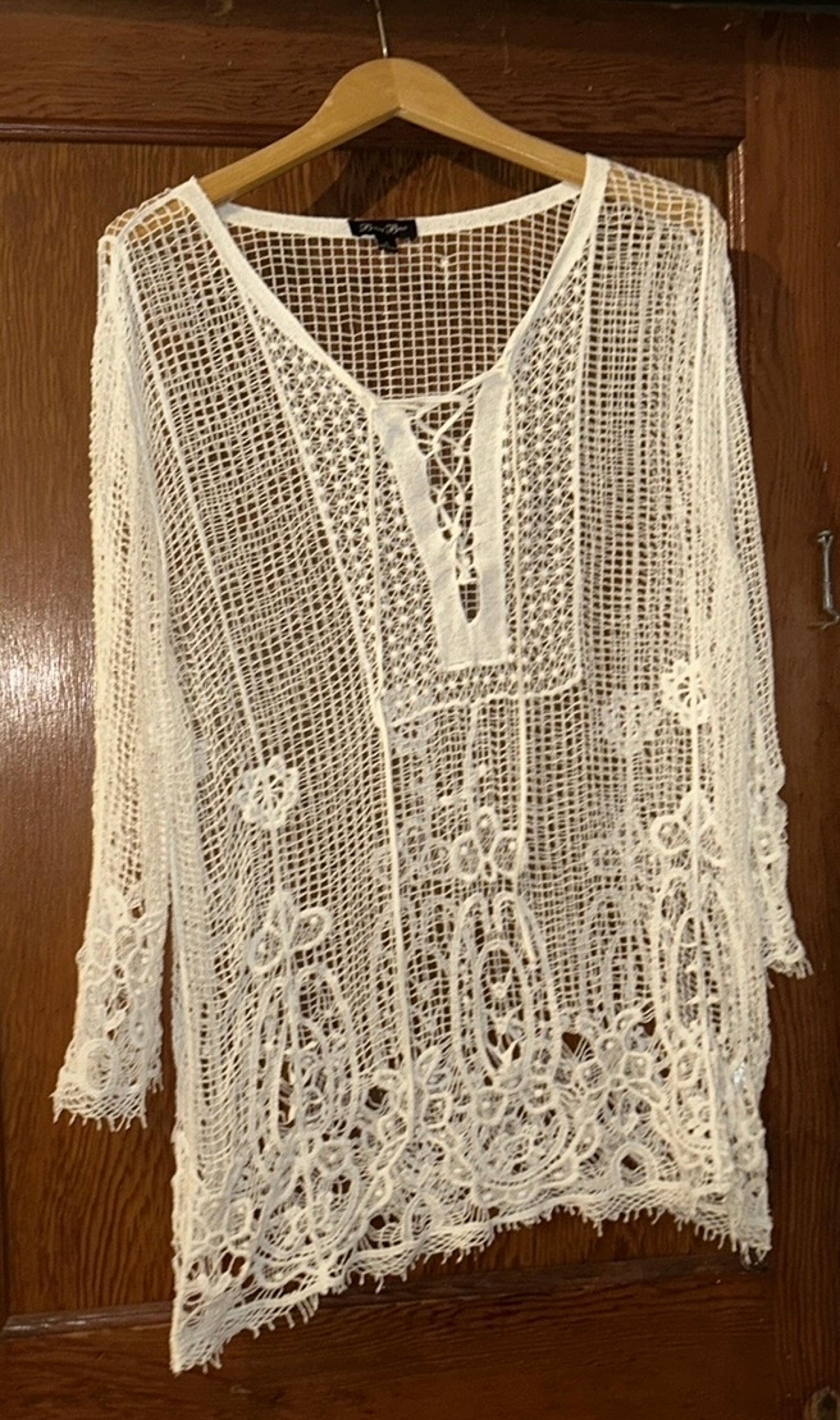 Brittany Black: Cotton Crocheted Swimsuit Cover, 3/4 Length Sleeves, Size: XL