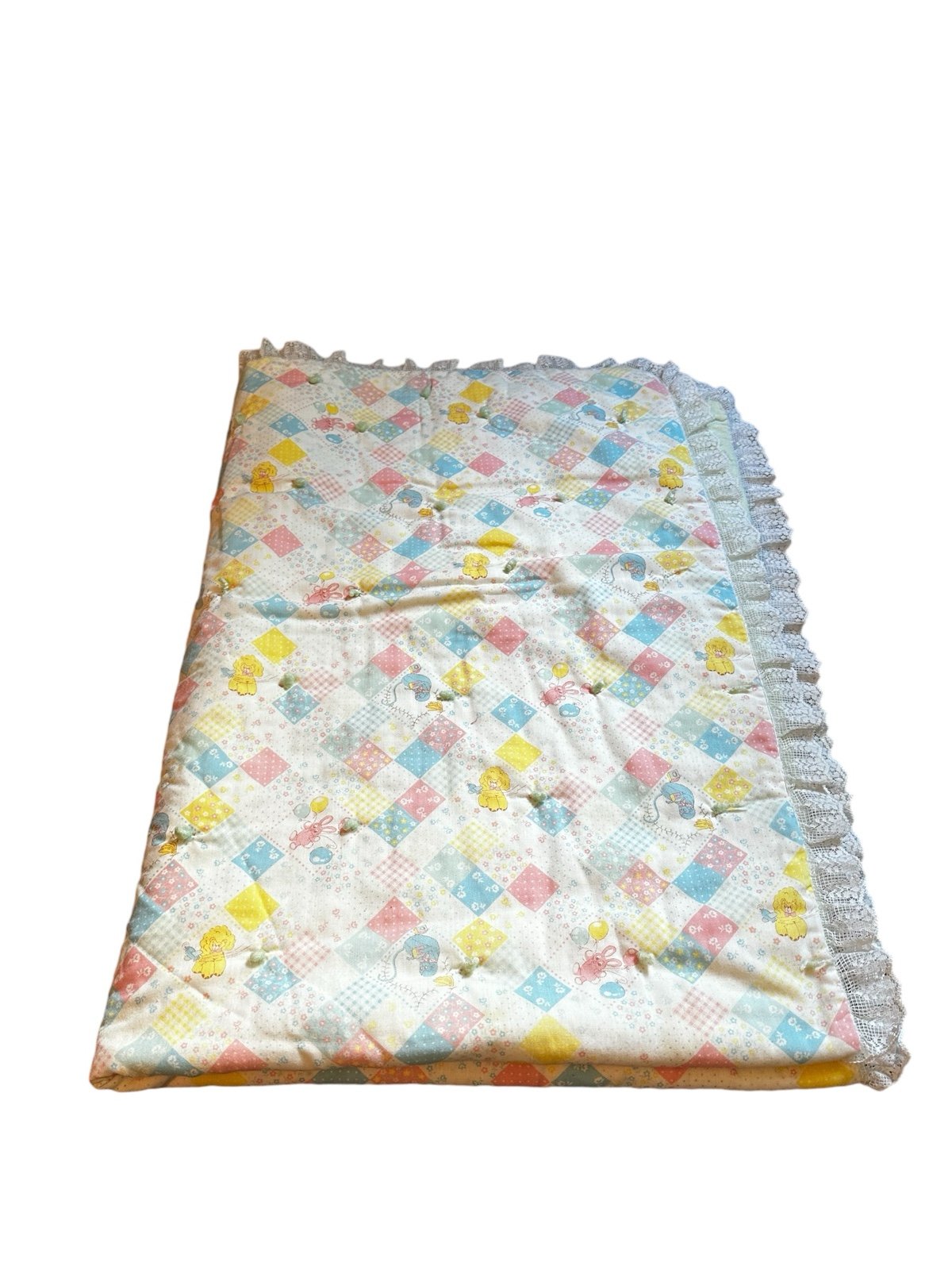 Vintage Baby Quilted Crib Blanket Patchwork Animals Balloons Lace Trim