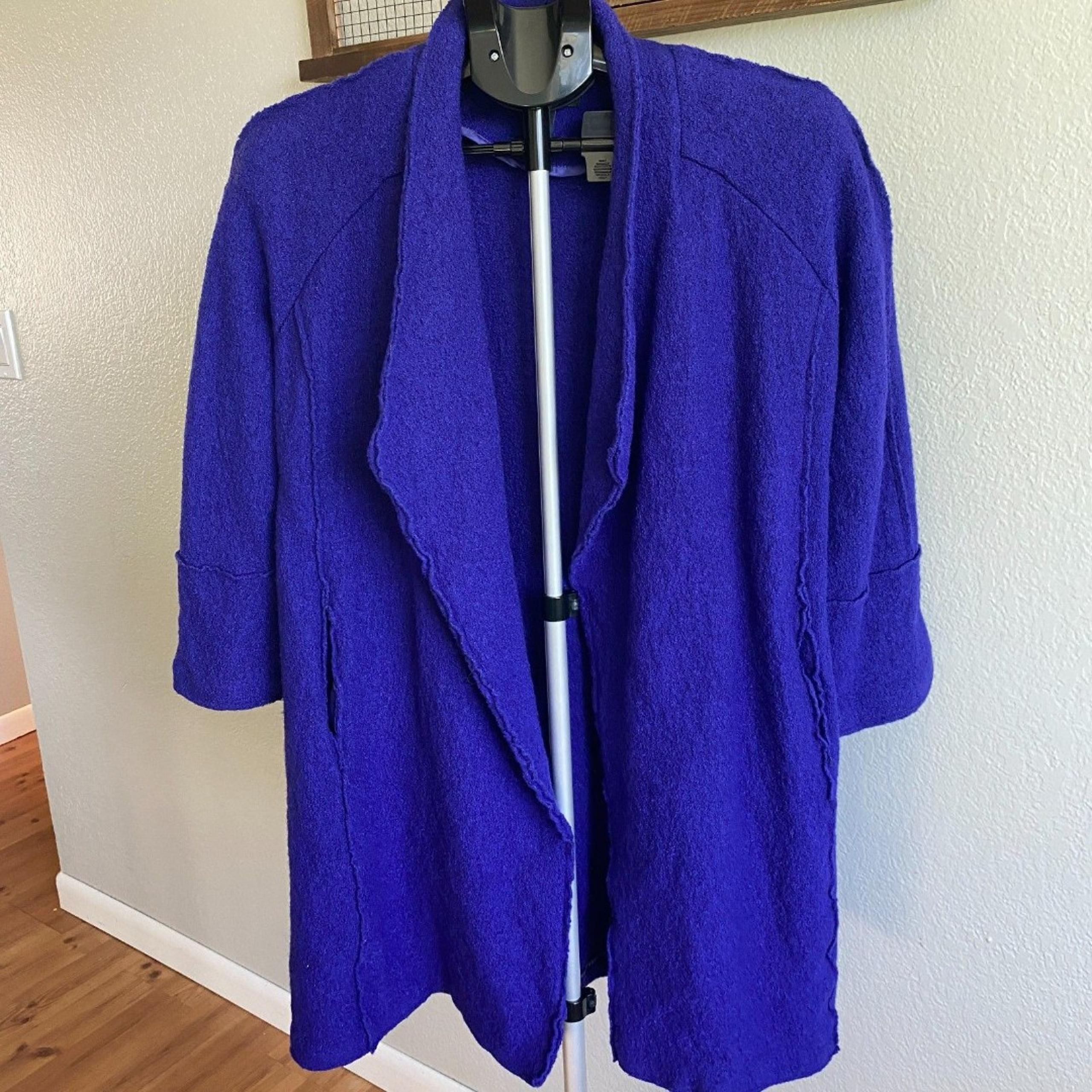 Tahari Boiled Wool Duster Open Front Kimono Jacket Coat Royal Purple Womens M
