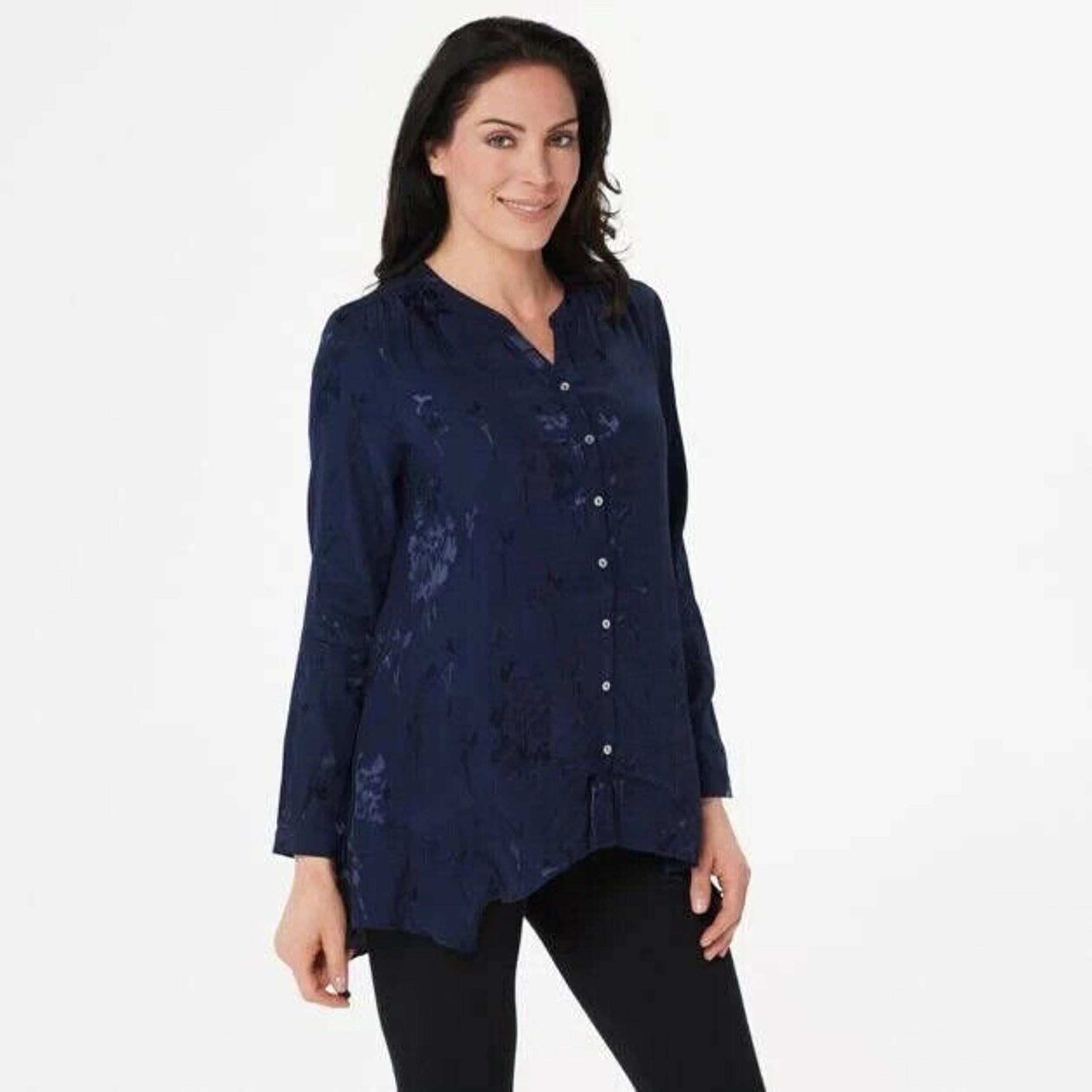 Logo Lori Goldstein Women's Blue Woven Silky Jacquard Blouse Top Classic L NWT