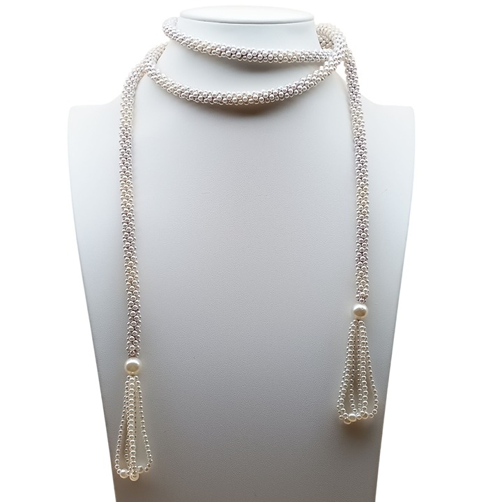Crocheted Seed Pearls Rope Lariat, Elegant Flapper Sautoir, Classy Vintage