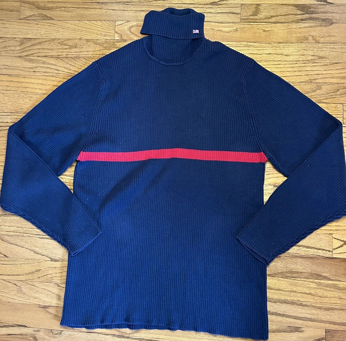 Vintage Polo Jeans Co. Women's Blue Red Stripe Ribbed Sweater Flag Logo Sz. XXL