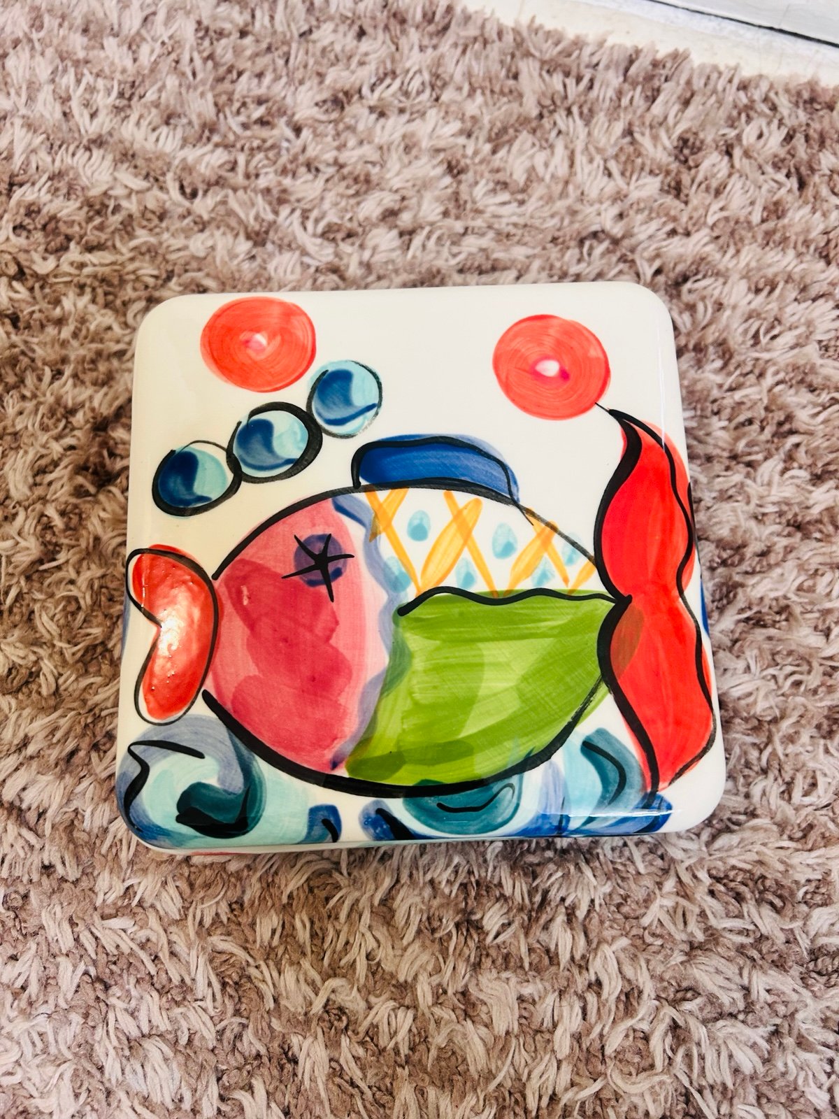 Vicki Carroll Studio Splish Splash Fish Square Trinket Dish  Vintage Signed