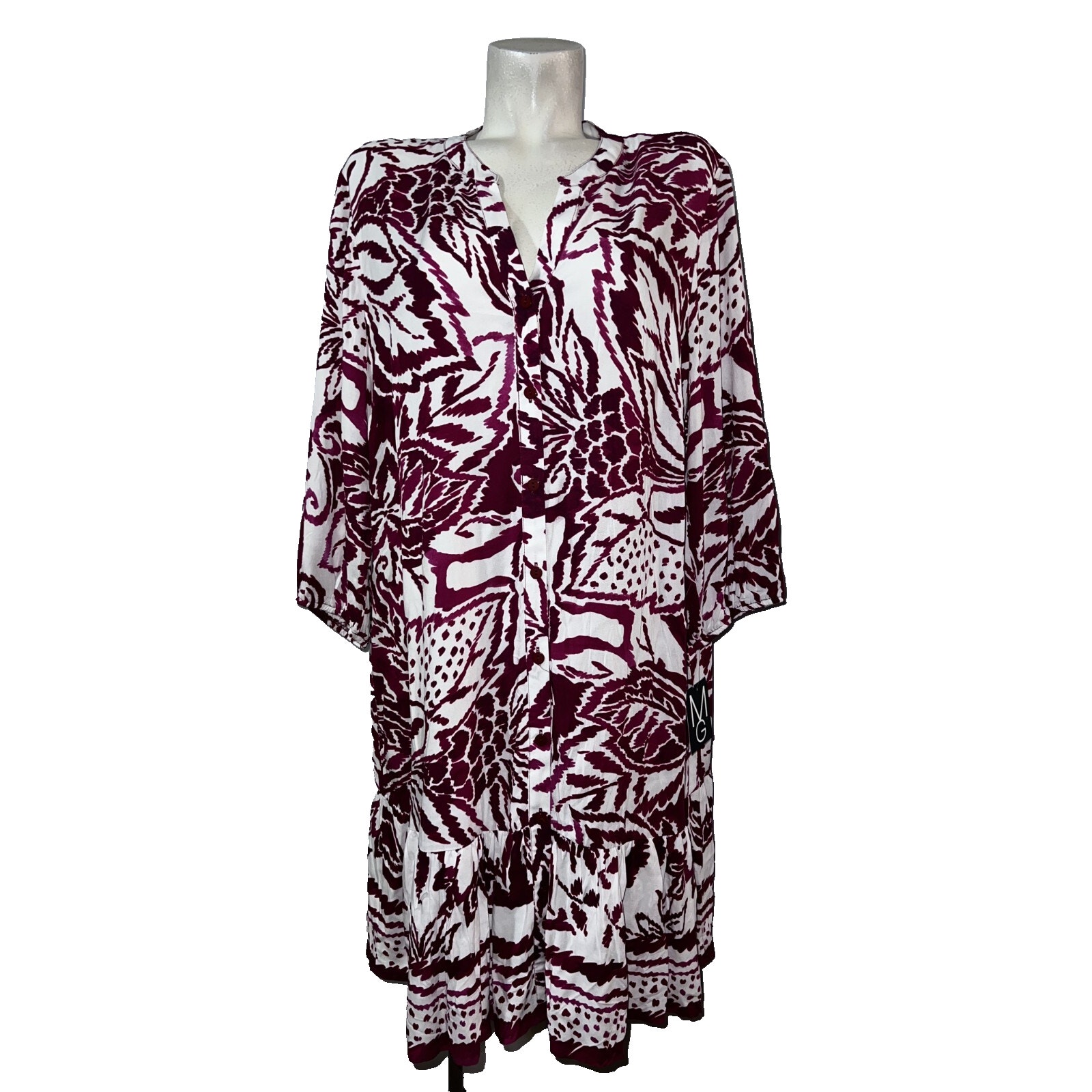 New Mlle Gabrielle Dress Size 2X Plum White Button Down 3/4 Sleeve Ruffle Hem