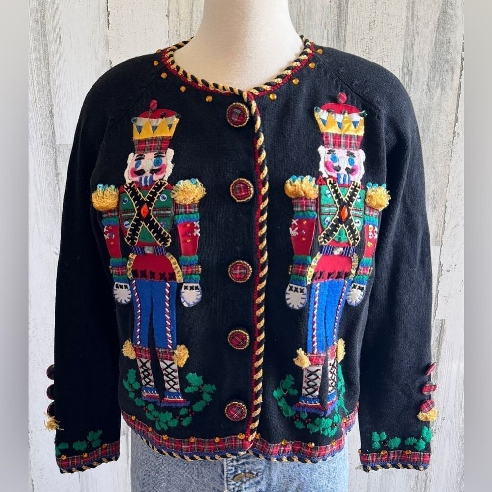 Vintage Michael Simon Nutcracker Christmas Sweater medium Black Holiday Cardigan