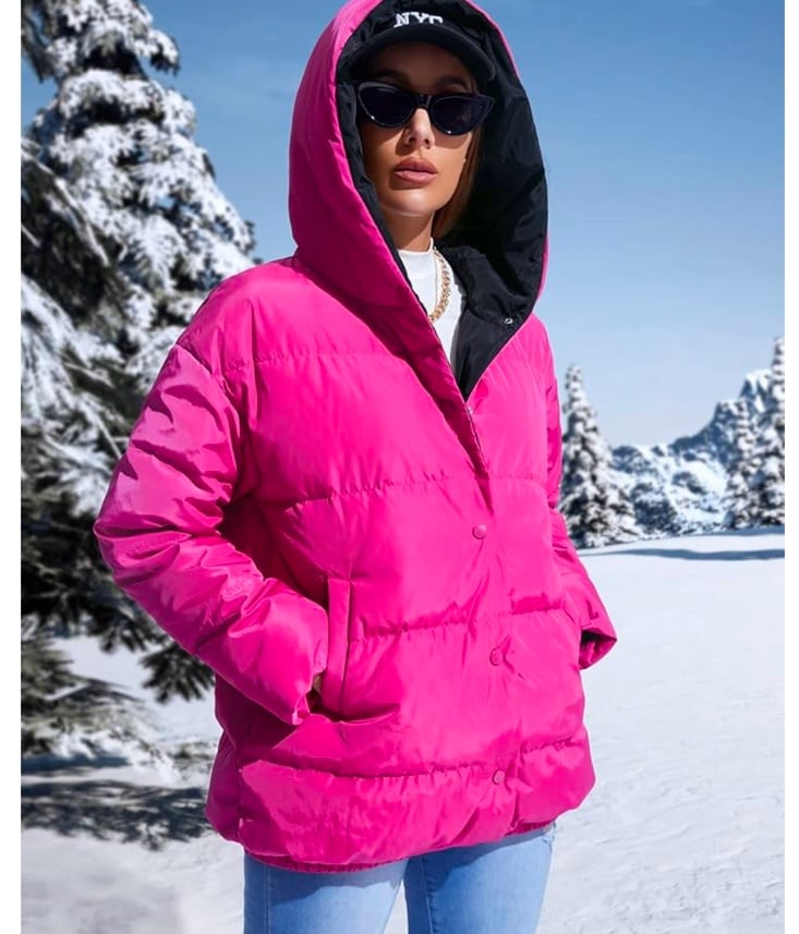 REVERSIBLE PINK & NAVY HOODED PUFFER ST JOHNS BAY JACKET SZ S POLYESTER & DOWN