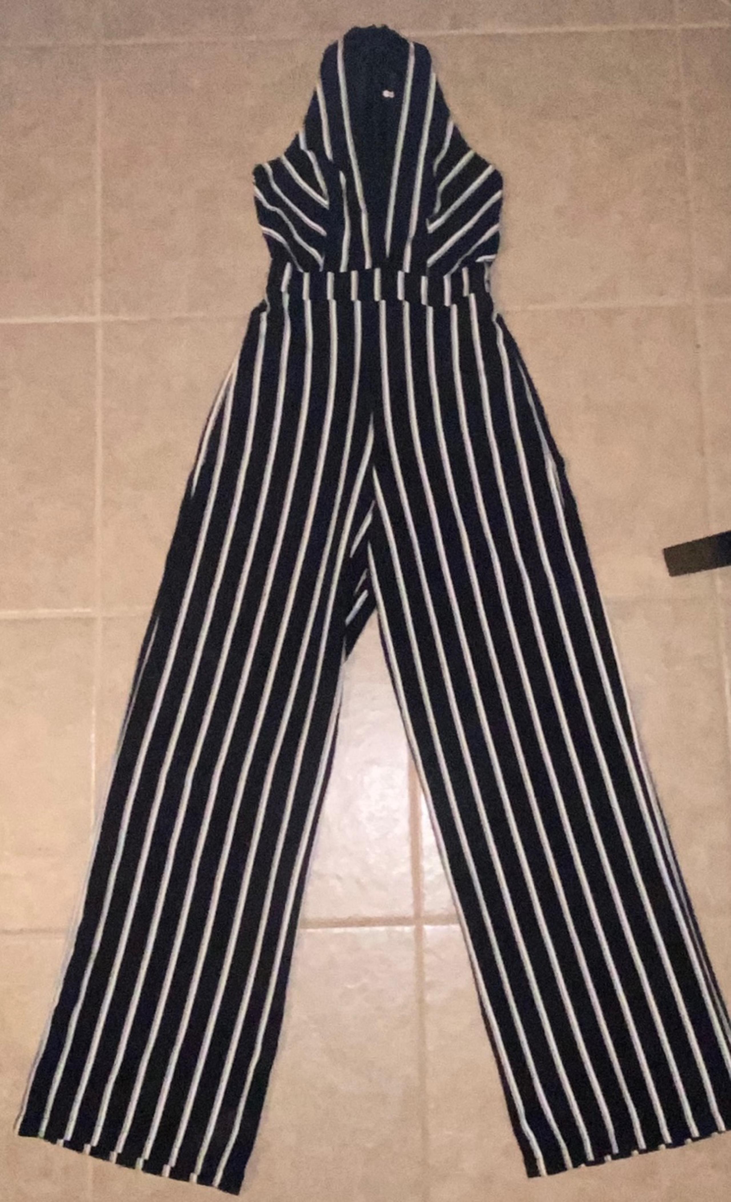 MUSTARD SEED SMALL Black and white striped short sleeve wide leg romper/Jumpsuit
