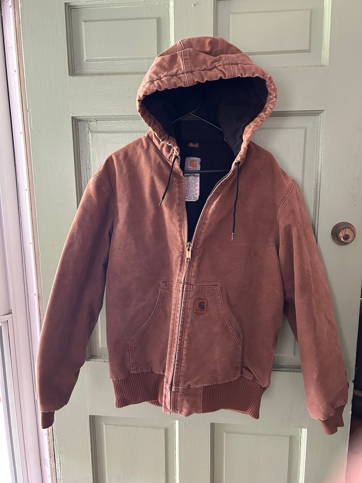 Carhartt Men's m Hooded Brown tan Jacket RN #14806 Quilted Interior Heavy Duty