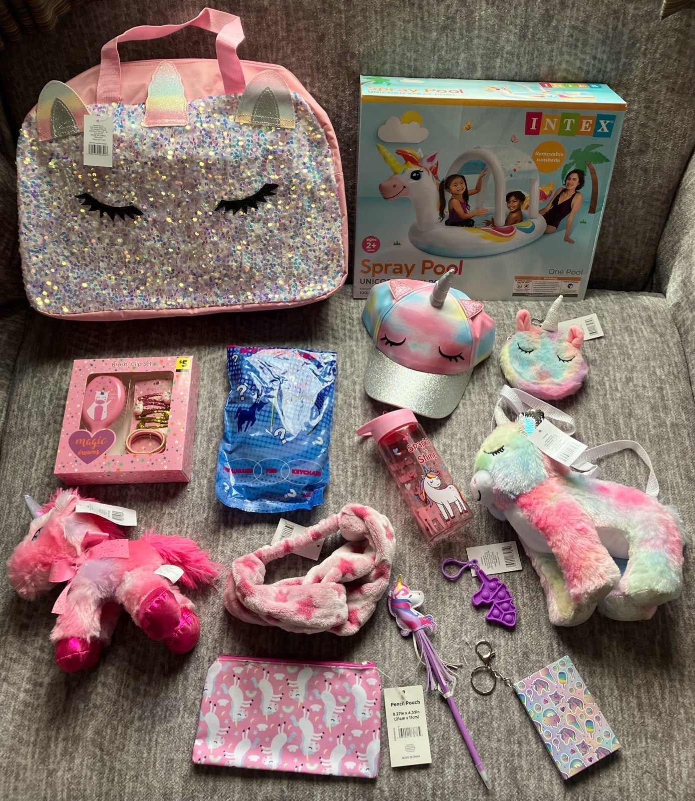 HUGE unicorn bundle pool duffel bag purse water bottle hat brush pop it stuffy