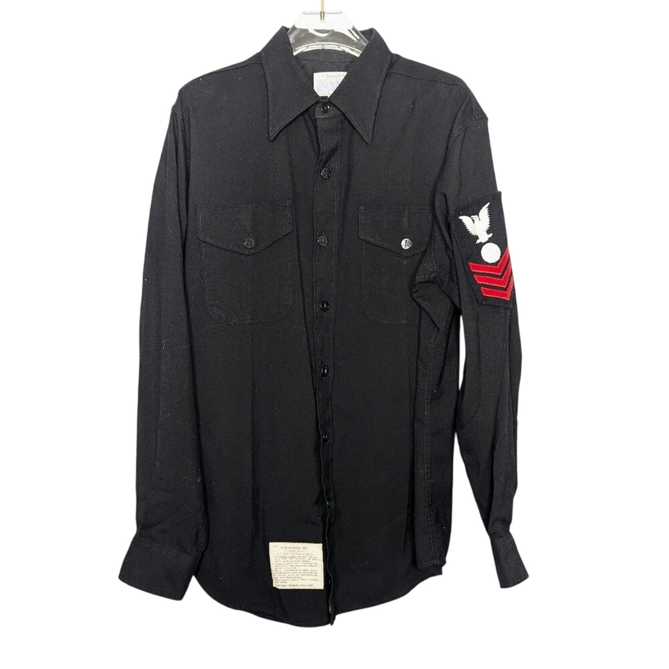 Vintage Military US Navy Black Long Sleeve Button Up Sailor Collared Shirt