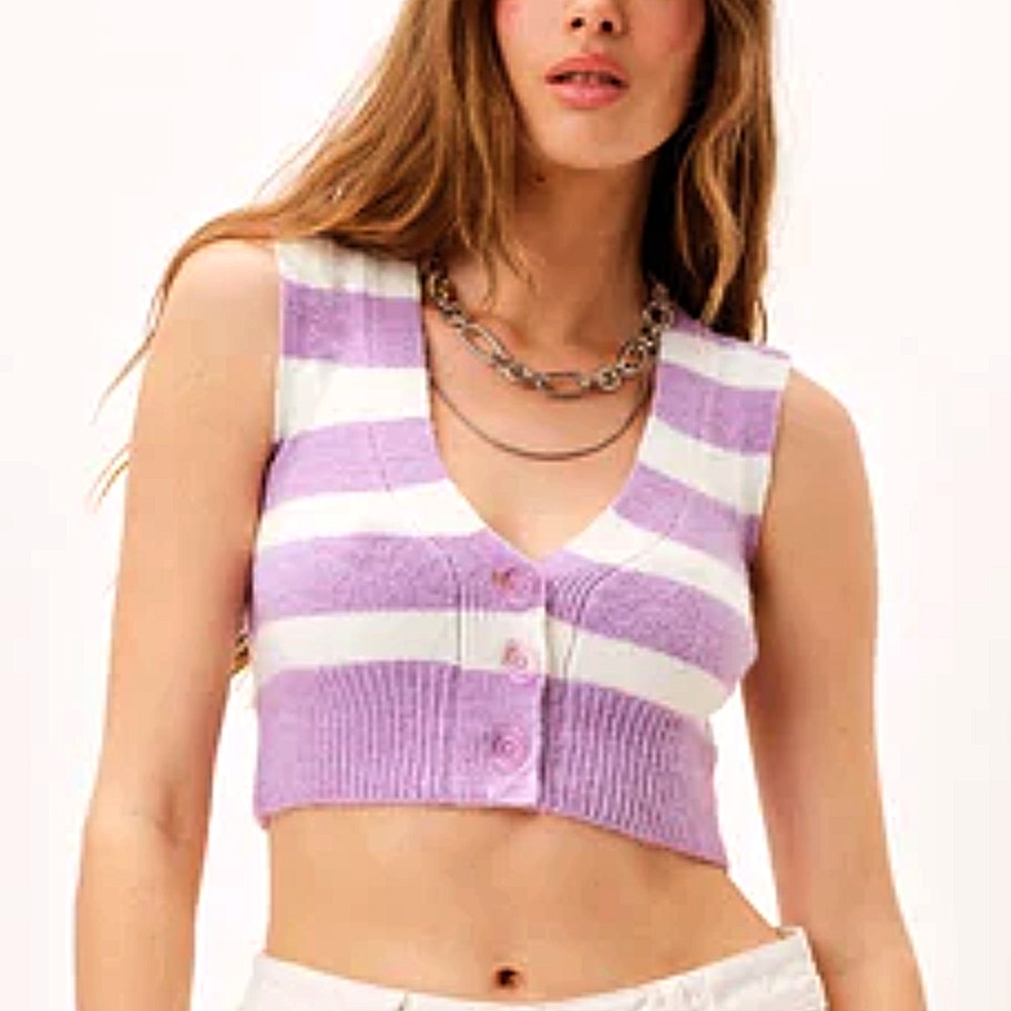 For Love and Lemons Purple White Striped Crop Sweater Vest Cardigan Medium Maud