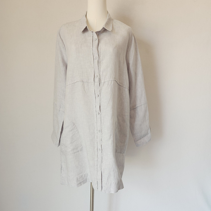 POETRY Linen Lagenlook Longline Shirt Button-Up Long Sleeve Pocket Grey Bust 48