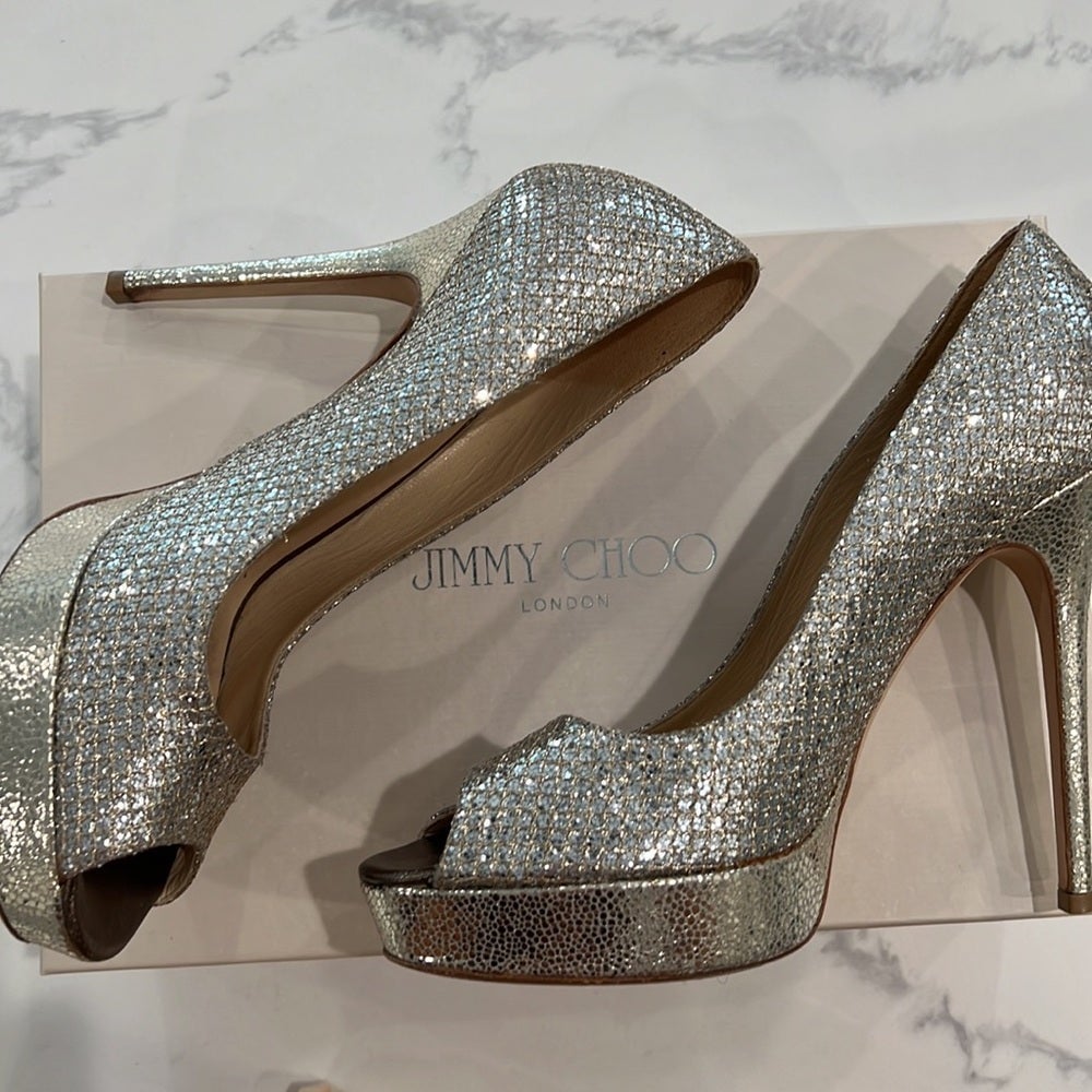 JIMMY CHOO 247 Crown Glitter fabric champagne platform 5in heels size 39.5