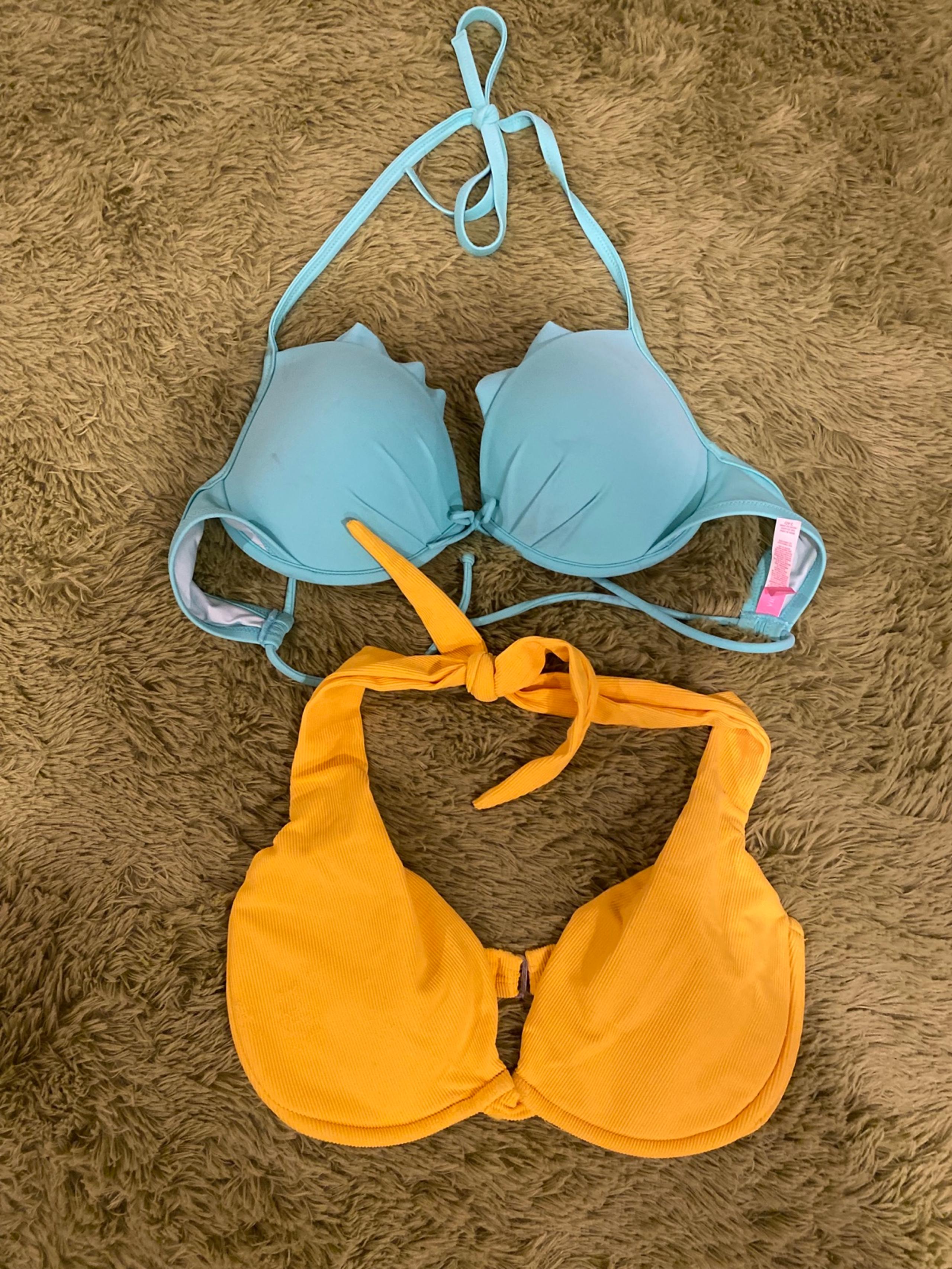 Victorias Secret Set Of 2 swim bikini top 34D teal blue pushup & yellow vintage