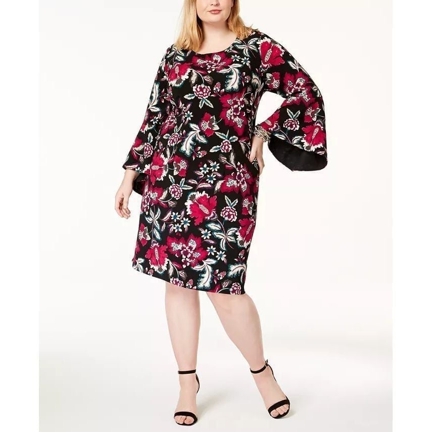 INC Dress Black/Pink Floral Whimsigoth Fairy Cottage Bell Sleeves Cocktail XL