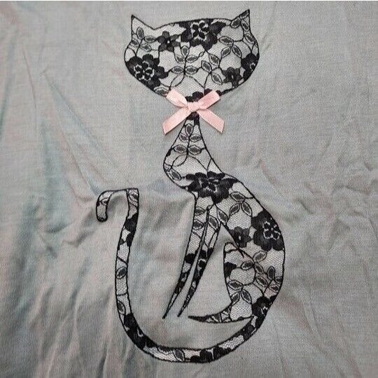 Vintage French Kitty by Mighty Fine Womens Top, Grey, Black Lace Cat, Small