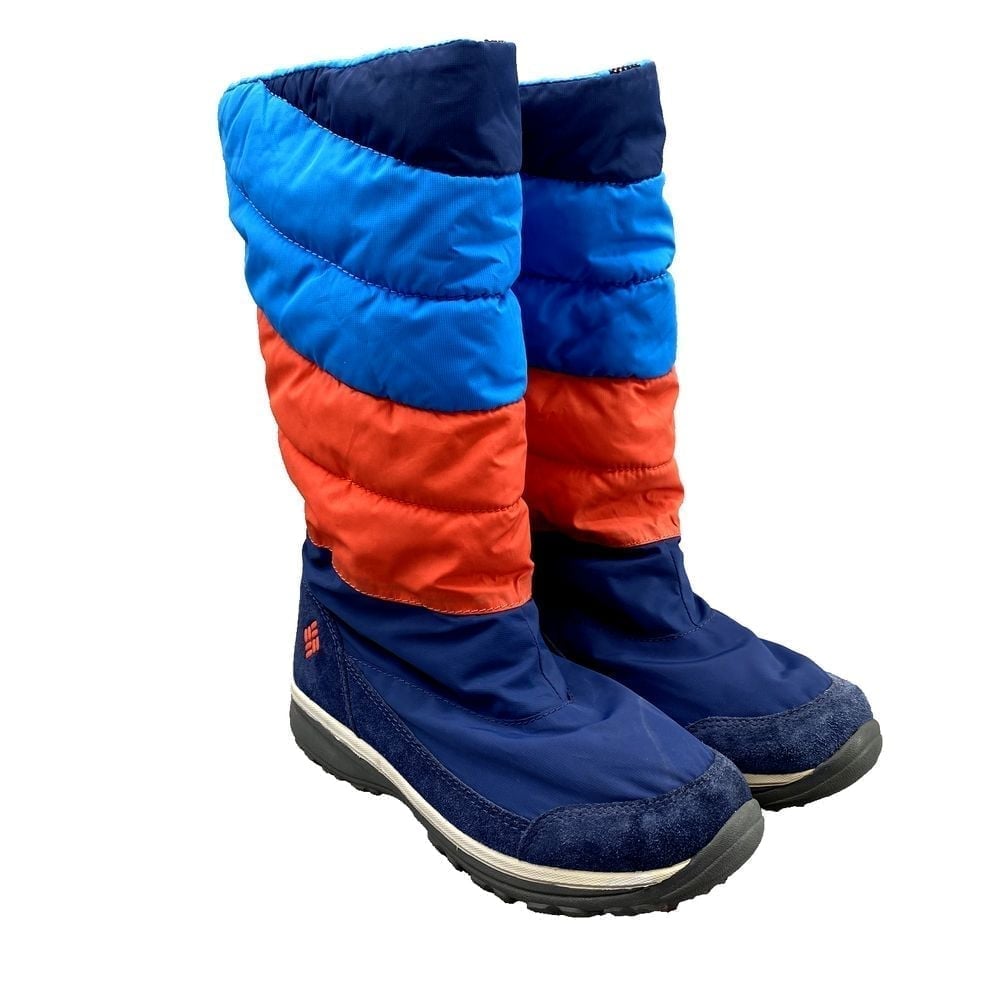 Columbia Boot Women's 7 Blue Orange Mid Calf Puffer Quilted Suede Snow Outdoors