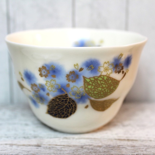 Set of 10 Vintage Porcelain Saki or Tea Cups Blue Gold Leaves