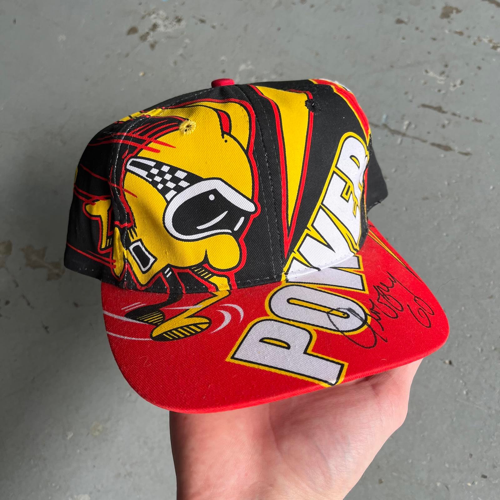 Vintage 90s Geoffrey Bodine Signed Power Team NASCAR AOP Hat