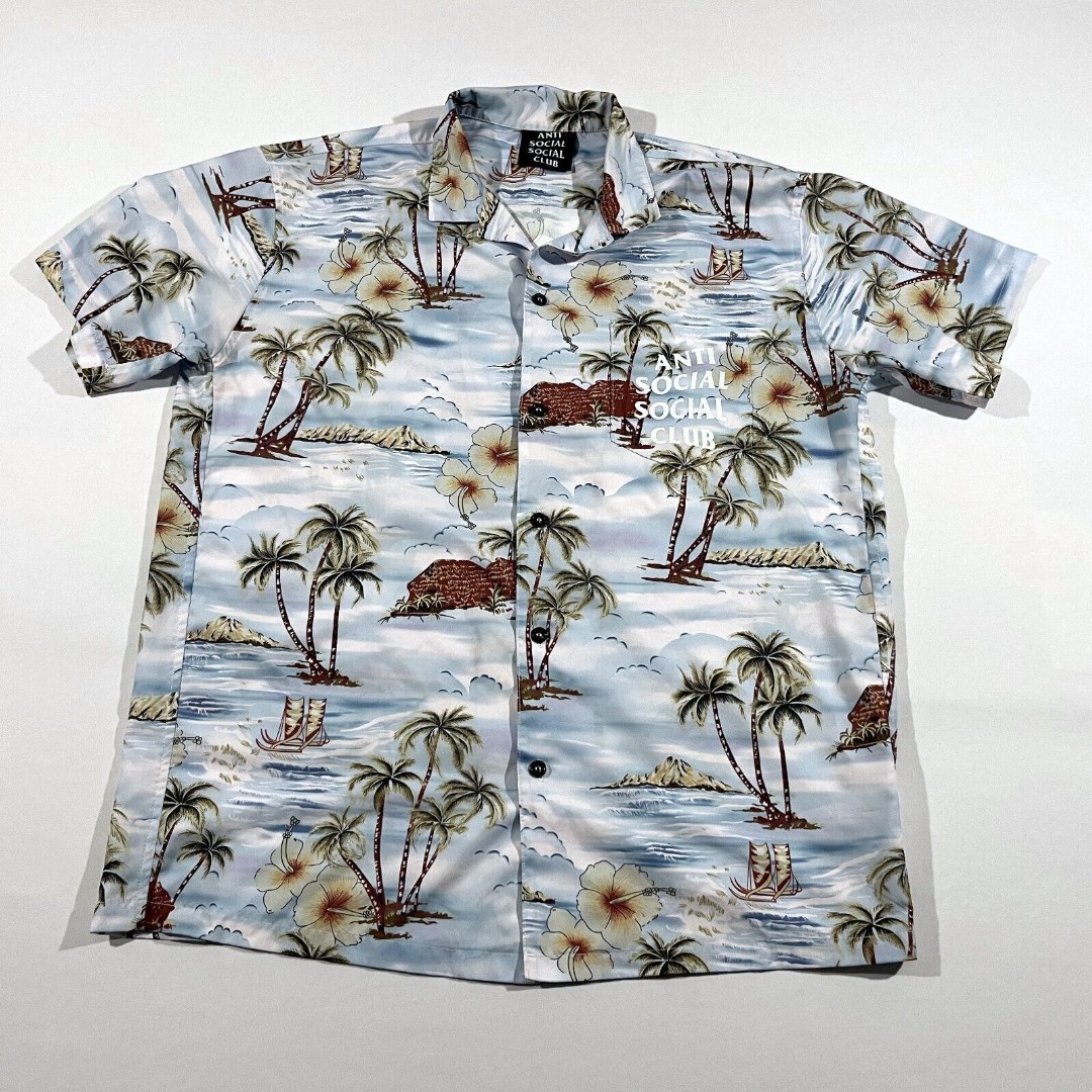 Anti-Social Social Club Mens Hawaiian Blue Floral Button Up Shirt Sz XL RARE