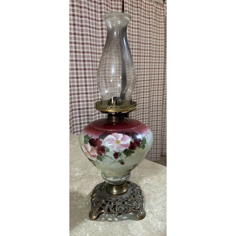 Vintage Floral Hand Painted Glass Iron Base Kerosene Oil Lamp