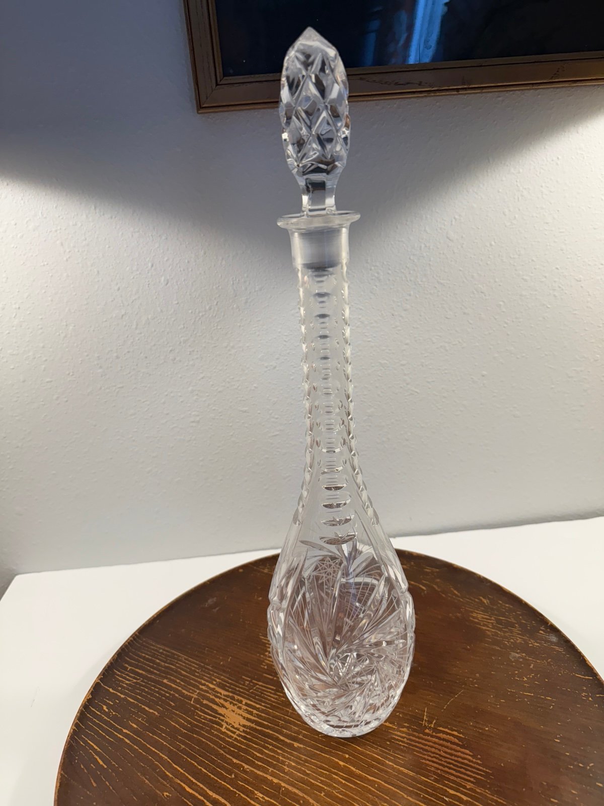 Beautiful Clear Cut Glass Decanter With Stopper & unique design. Over 17”