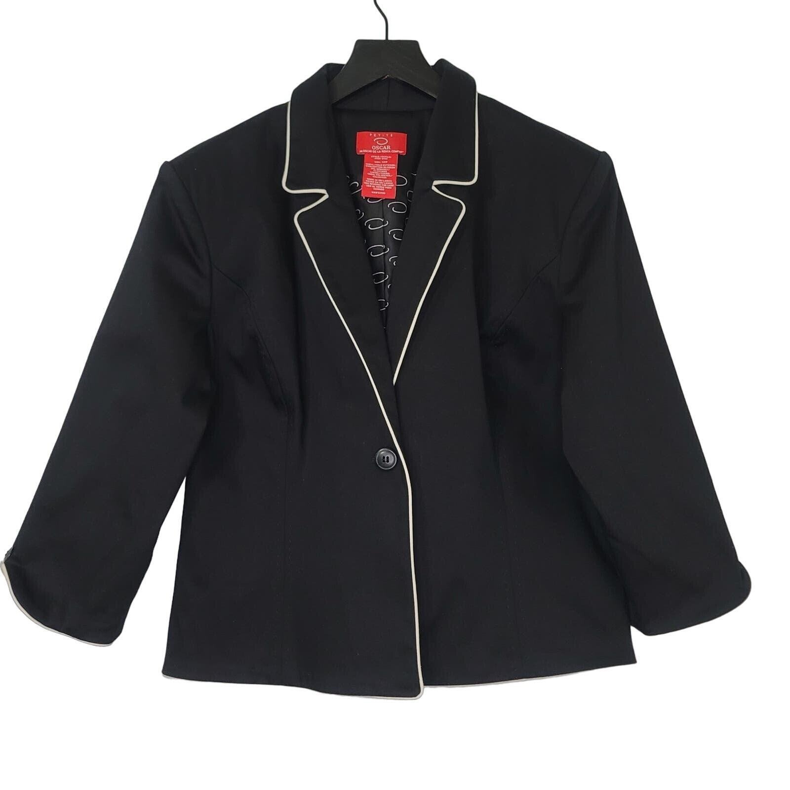 Oscar de la Renta Blazer 12P Petite Black White Piping One Button Notched Collar