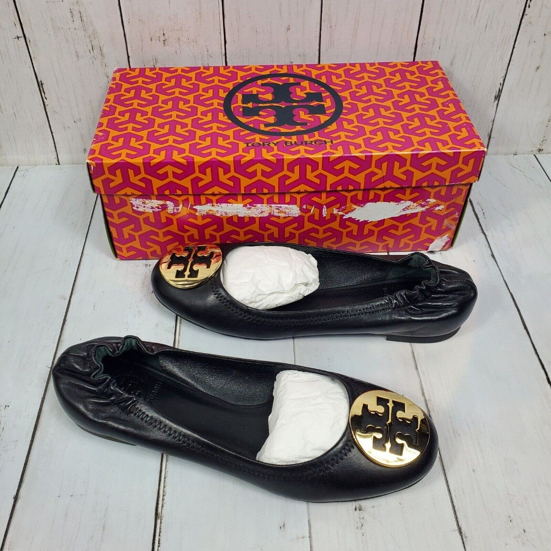 Tory Burch Reva Ballet Flats Size 7 M Black Leather Gold Metallic Logo Comfy GUC