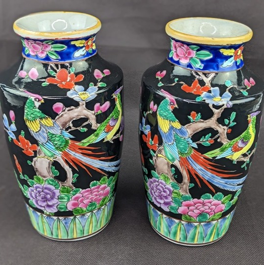 Pair of Japan Asian Hand Painted Glaze Black Peacock Bird Blossom Floral Vase