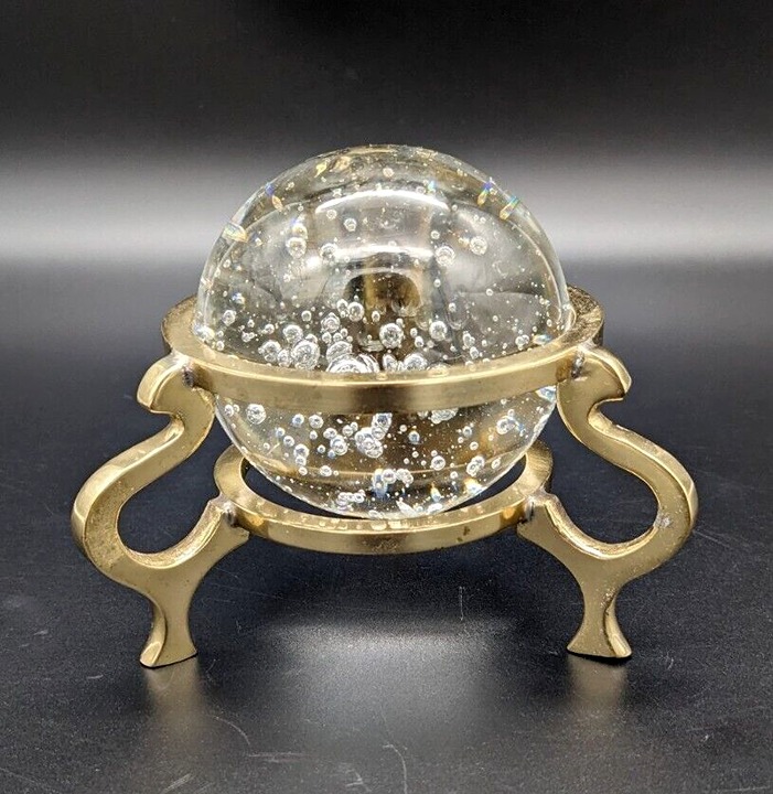 Vintage Clear Glass Crystal Ball Sphere Paperweight On Brass Stand Bubbles